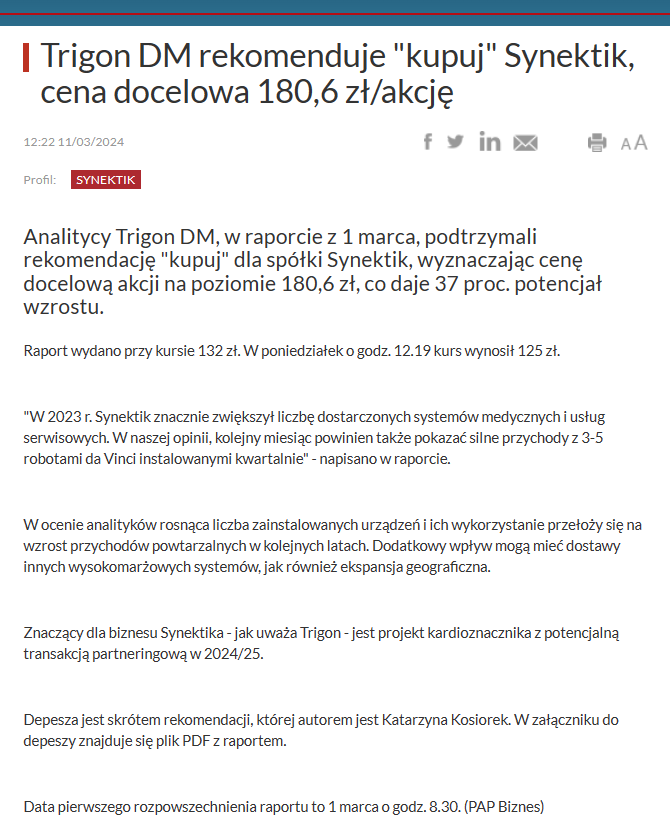 RobertPietraga's tweet photo. #Sezon4 #RaportzPortfela #FinanseOsobiste
14/24
🔸 #synektik + 18,90 %
Analitycy Trigon DM, w raporcie z 1 marca, podtrzymali rekomendację "kupuj" dla spółki Synektik, wyznaczając cenę docelową akcji na poziomie 180,6 zł.
Szczegóły poniżej. Źródło: #infostrefa https://t.co/grt7CVpvZJ