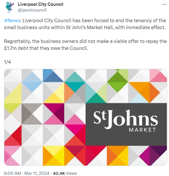 StJohnsMkt's tweet photo. This is interesting, @Danishgirl4. The highest viewing (40000 views) on your propaganda stream has been recently, for St Johns. Guess what? Even with YOUR spin, the comments were overwhelmingly in support of @StJohnsMkt. How is your sentiment measure going?  #LiamOut #NickOut #HarryOut (ps we won't be going away)  (fyi the £1.7m is a totally made-up number for spin)  @LivEchonews