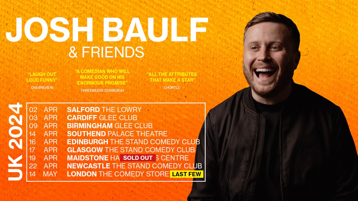 Josh Baulf (<a href="/joshbcomedy/">Josh Baulf</a>) &amp; Friends hit the road next month, bringing laugh-out-loud comedy to Cardiff, Birmingham, Edinburgh, London &amp; more 🤩
 
Book tickets while you can 👉 livenation.uk/WUXA50QgC7Q