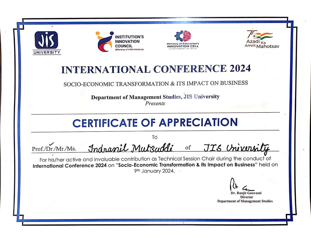 Immensely Glad 2share that I chaired a Technical Session of the International Conference organized by the Dept. of Mgt, #JISUniversity, Kolkata

#TechnicalSessionChair #internationalconference2024 #internationalconference #conference2024  #SessionChair #managementresearch