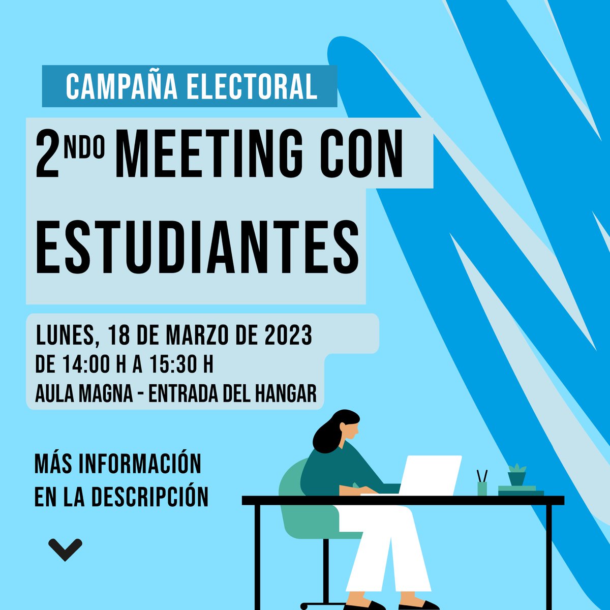 ➡️ 2ndo Meeting con Estudiantes.
🗓 Lunes 18 de Marzo de 14:00 a 15:30
📍Aula Magna - Hangar (Edificio C)

Tras cancelarse el debate electoral, acude al último acto de campaña y conoce las propuestas ¡¡Os espero!!

#JuntosCreamosEscuela <a href="/aeroespacialUPM/">ETSIAE - UPM</a>