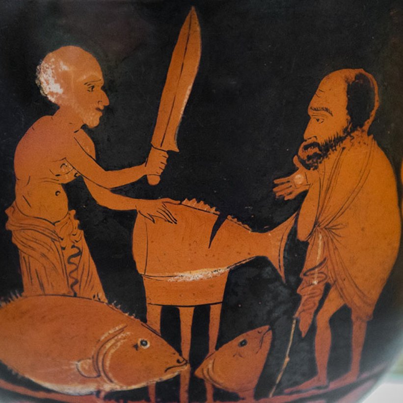 Market scene on a vase from Lipari (Cefalù Museum). You can almost hear the two men haggling! Going to the market (shopping, socialising, gossip & politics) was a man's job in the Greek world. #GreekVases #GreekSicily #Agora (c) Per-Erik Skramstad wondersofsicily.com