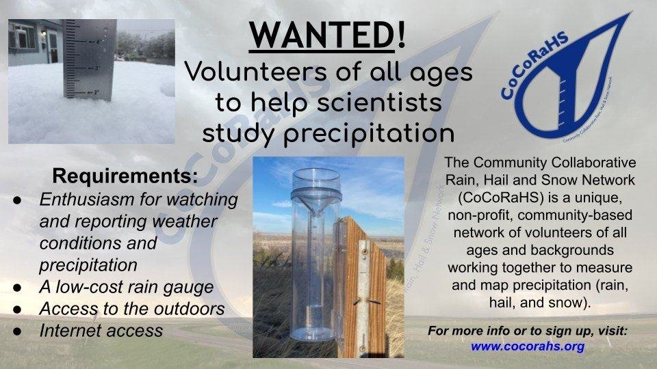 The #CoCoRaHS membership drive continues through March! If you enjoy measuring snow, rain, sleet or hail, or want to join in #CitizenScience, consider the CoCoRaHS program. cocorahs.org is their website.