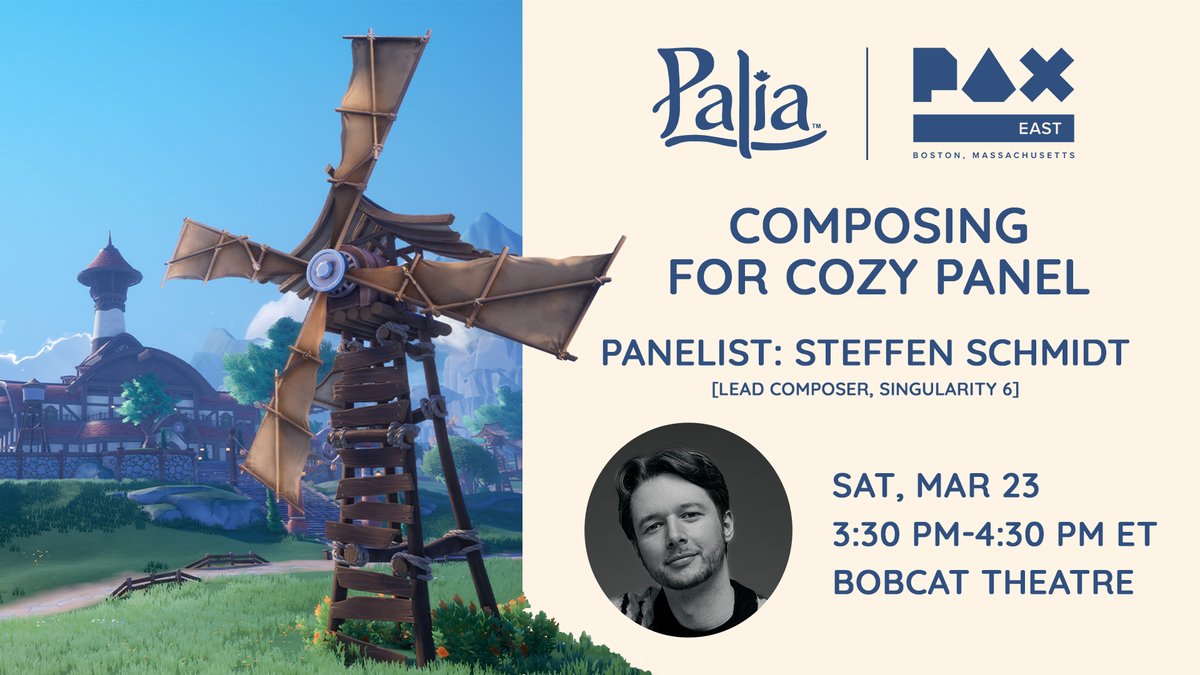 Palia (@playpalia) on Twitter photo 📣 Attention, PAX East attendees! Our very own <a href="/composerschmidt/">Steffen Schmidt</a> will be joining composers behind fan-favorite cozy games for the Composing for Cozy panel next weekend.
🎶 Be sure to stop by on Sat. March 23rd @ 3:30pm ET!
#Palia #PlayPalia #CozyGames 📣 Attention, PAX East attendees! Our very own <a href="/composerschmidt/">Steffen Schmidt</a> will be joining composers behind fan-favorite cozy games for the Composing for Cozy panel next weekend.
🎶 Be sure to stop by on Sat. March 23rd @ 3:30pm ET!
#Palia #PlayPalia #CozyGames