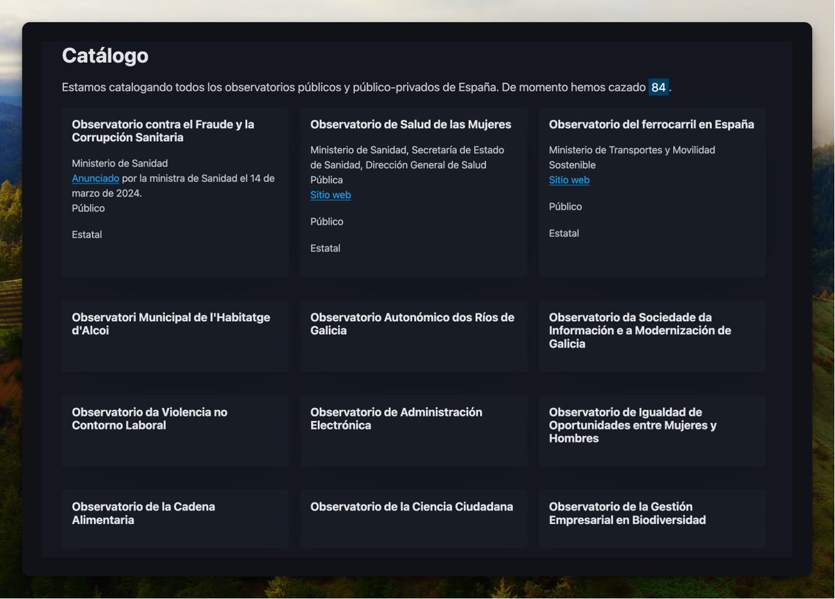 ¡Ya tenemos 8️⃣4️⃣ observatorios públicos en observación!
No está mal para haber arrancado esta mañana :)
¡Seguiremos completando y mejorando el catálogo! 😃

observatoriospublicos.netlify.app