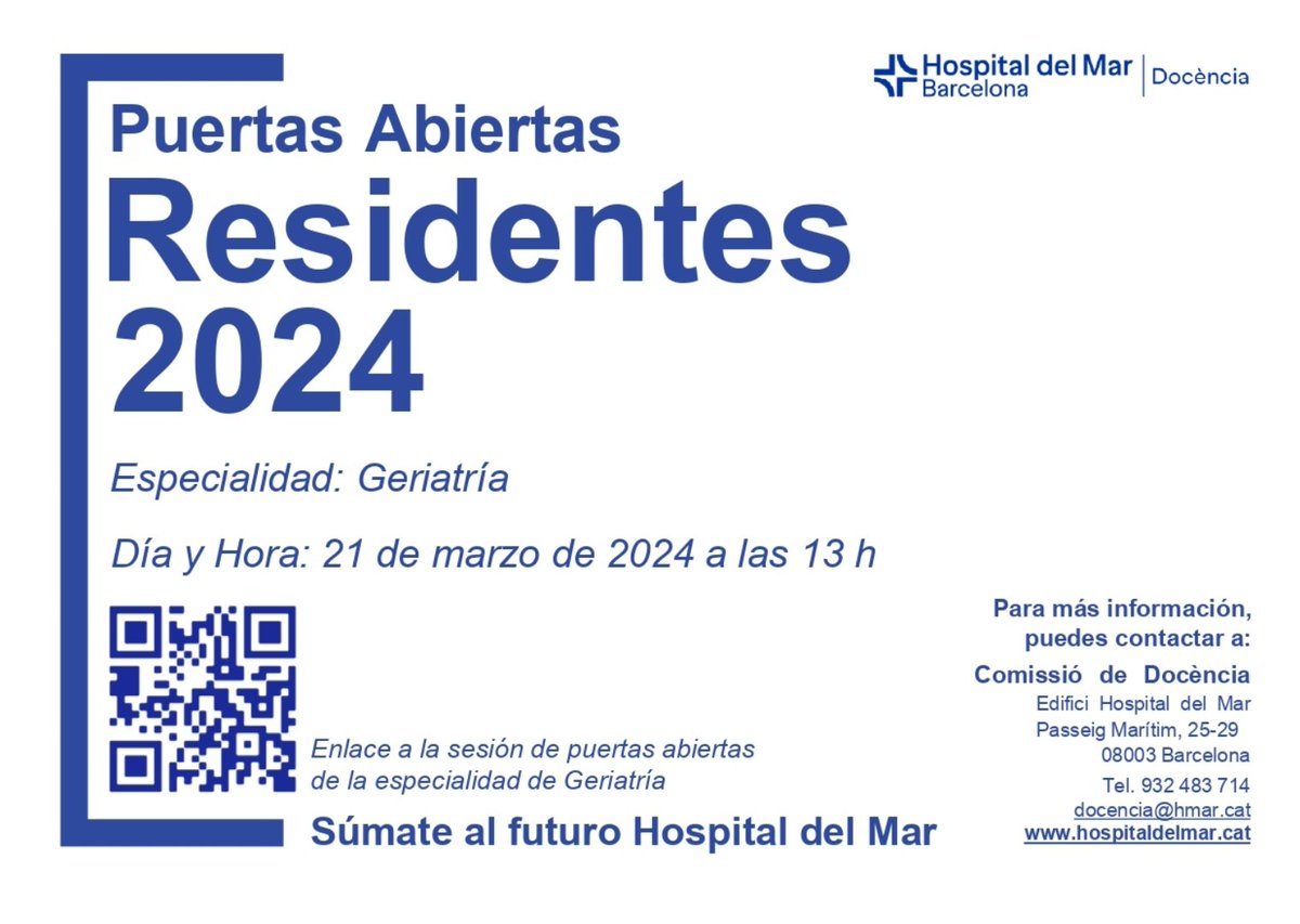 Geriatria | Hospital del Mar (@geriatriamar) on Twitter photo Crees que la #Geriatría es tu especialidad? El <a href="/hospitaldelmar/">Hospital del Mar</a> 🌊 es el mejor lugar!
El próximo jueves 21 de marzo a las 13h haremos unas puertas abiertas VIRTUAL 📱 para resolver todas vuestras dudas❗
Nos vemos pronto! 🤗❤️
Enlace: eur04.safelinks.protection.outlook.com/ap/t-59584e83/… Crees que la #Geriatría es tu especialidad? El <a href="/hospitaldelmar/">Hospital del Mar</a> 🌊 es el mejor lugar!
El próximo jueves 21 de marzo a las 13h haremos unas puertas abiertas VIRTUAL 📱 para resolver todas vuestras dudas❗
Nos vemos pronto! 🤗❤️
Enlace: eur04.safelinks.protection.outlook.com/ap/t-59584e83/…