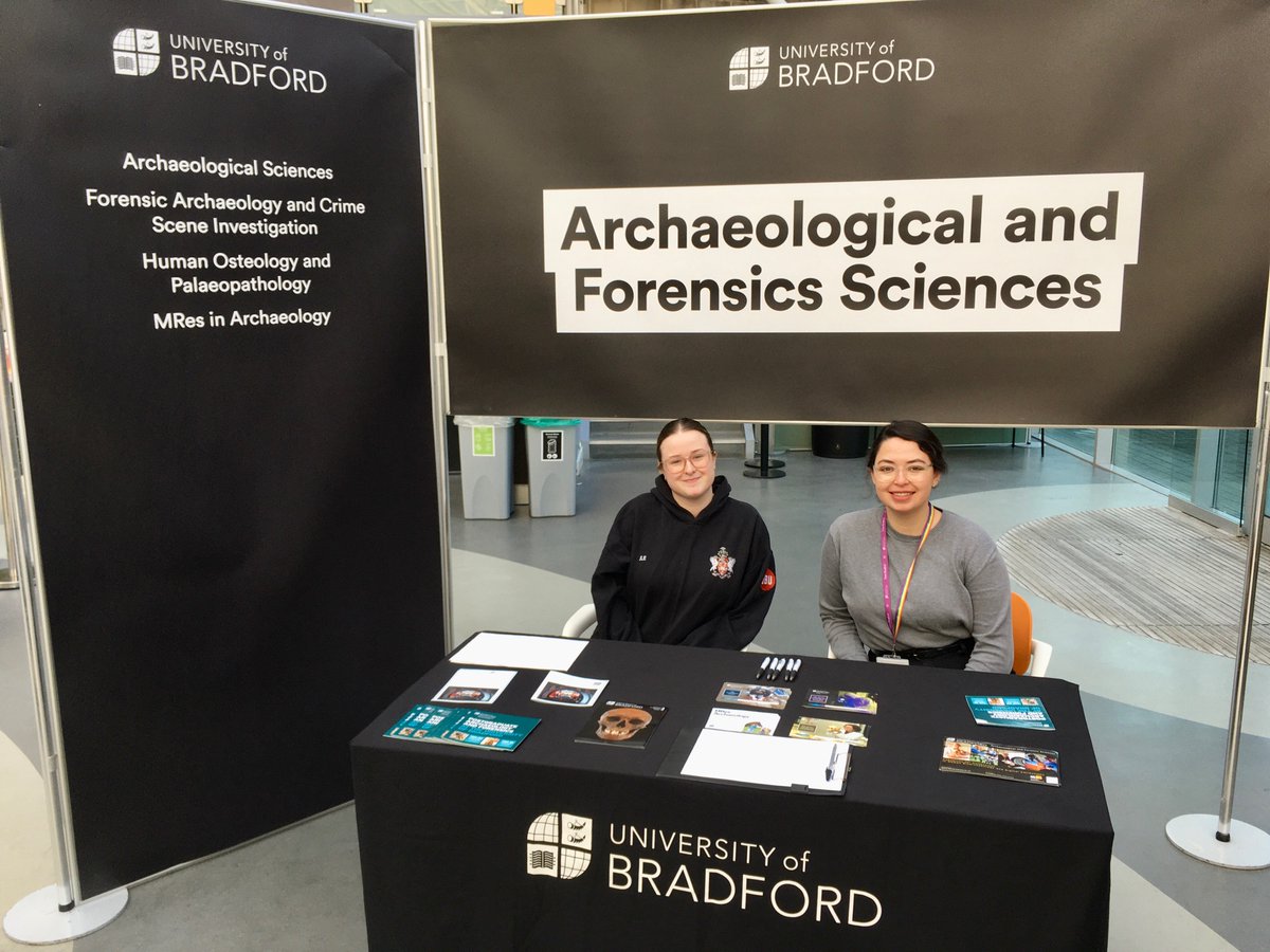 A vital part of our @UniofBradford open days are our student ambassadors. Thanks to @elkin_jessica and Andrea for their help. And thanks to all our visitors. We at @BradArcForensic look forward to welcoming you next term. #Archaeology