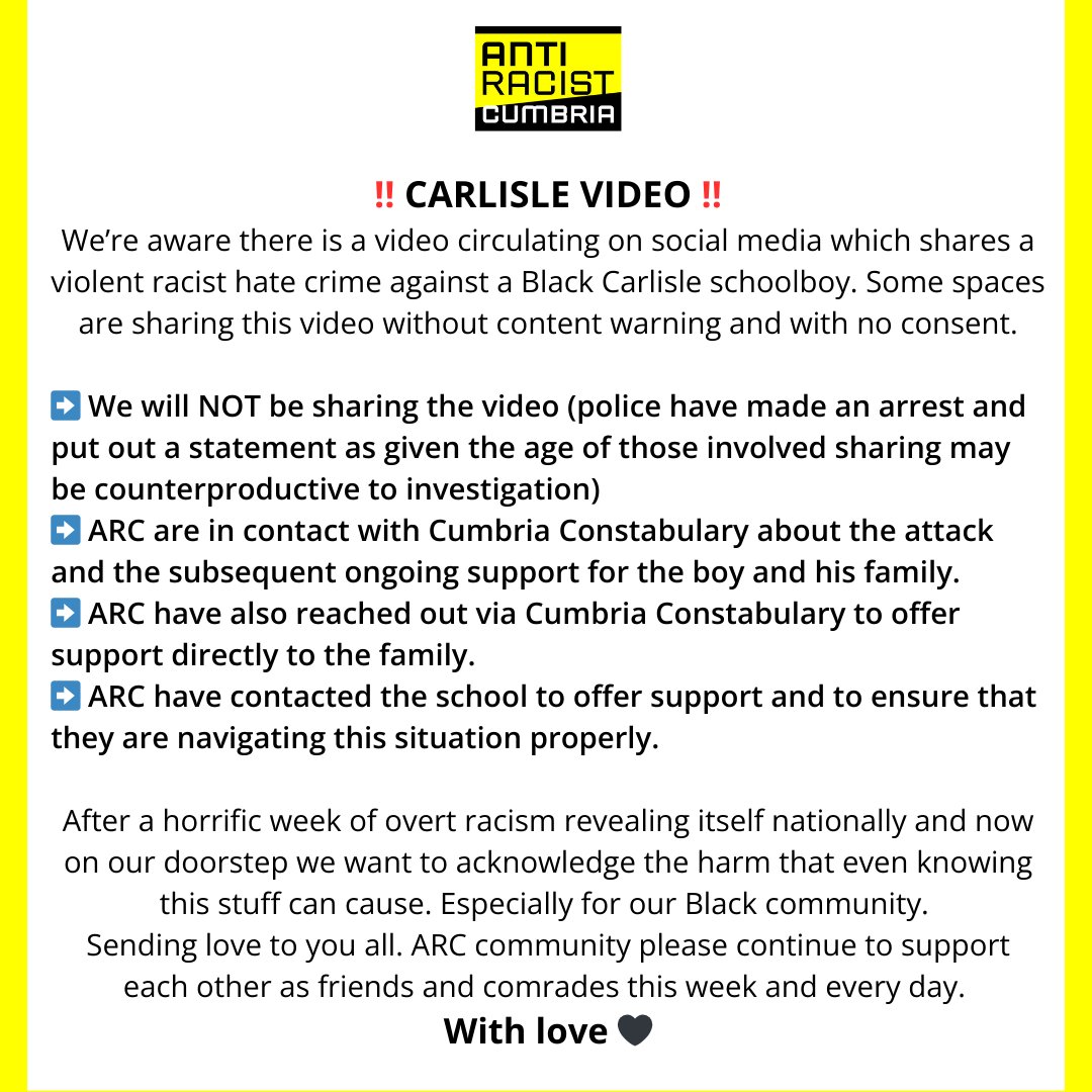 We’re aware there is a video circulating on social media which shares a violent racist hate crime against a Black Carlisle schoolboy. We're in touch with Cumbria Constabulary and the school and we have offered support to the boy and his family.