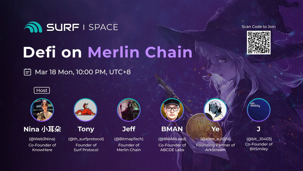 Surf Protocol (@surf_protocol) on Twitter photo @Surf_Protocol 即将登陆<a href="/MerlinLayer2/">Merlin Chain</a> 锁定明天的Space,提前获取财富密码!
🌊 Surf Space: DeFi on Merlin Chain 🪄
📅 时间:2024年3月18日 22:00(北京时间)
🎙️ 主持人
● 小耳朵 - <a href="/Web3Nina/">Nina 小耳朵</a>
🎙️ 嘉宾:
● Jeff, Founder of Merlin Chain <a href="/BitmapTech/">Bitmap Tech - Merlin🔮🧙</a>
● BMAN, Co-Founder of ABCDE Labs @Surf_Protocol 即将登陆<a href="/MerlinLayer2/">Merlin Chain</a> 锁定明天的Space,提前获取财富密码!
🌊 Surf Space: DeFi on Merlin Chain 🪄
📅 时间:2024年3月18日 22:00(北京时间)
🎙️ 主持人
● 小耳朵 - <a href="/Web3Nina/">Nina 小耳朵</a>
🎙️ 嘉宾:
● Jeff, Founder of Merlin Chain <a href="/BitmapTech/">Bitmap Tech - Merlin🔮🧙</a>
● BMAN, Co-Founder of ABCDE Labs