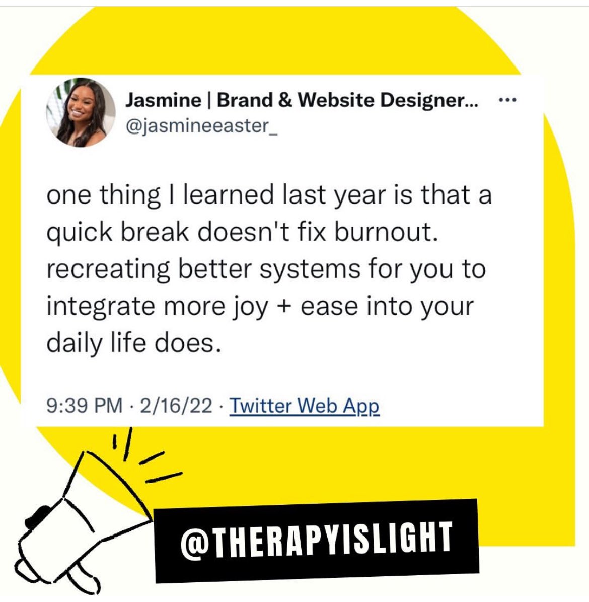 Dr. Rheeda Walker (@rheedawalkerphd) on Twitter photo While it is important to rest and recharge when you recognize you’re at the point of burnout, the flex is to STOP GETTING TO THAT POINT! If you need some help with this, check out my Unapologetic Workbook for Black Mental Health for tips.
Repost from <a href="/therapyislight/">Therapy Is Light™️ 💡</a>
#burnout While it is important to rest and recharge when you recognize you’re at the point of burnout, the flex is to STOP GETTING TO THAT POINT! If you need some help with this, check out my Unapologetic Workbook for Black Mental Health for tips.
Repost from <a href="/therapyislight/">Therapy Is Light™️ 💡</a>
#burnout