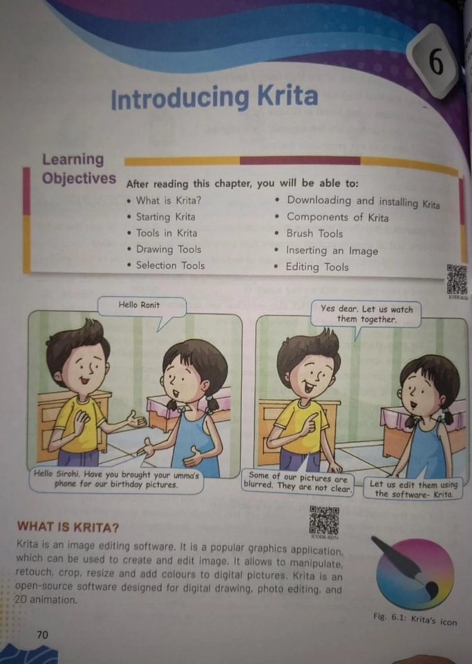 Hindistan'da 6. ve 7. sınıf derslerinde açık kaynak kodlu Krita uygulaması hakkında ders içeriği oluşturulmuş. 6. sınıfta temel giriş konuları yer almakta ve 7. sınıfta animasyon ve katman yapısı anlatılıyormuş. #krita