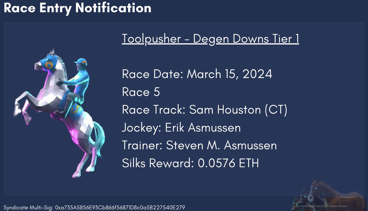 Toolpusher won 🥇 at <a href="/SHRP/">Sam Houston Race Park</a> 

Join in @GameofSilks for Season 2
