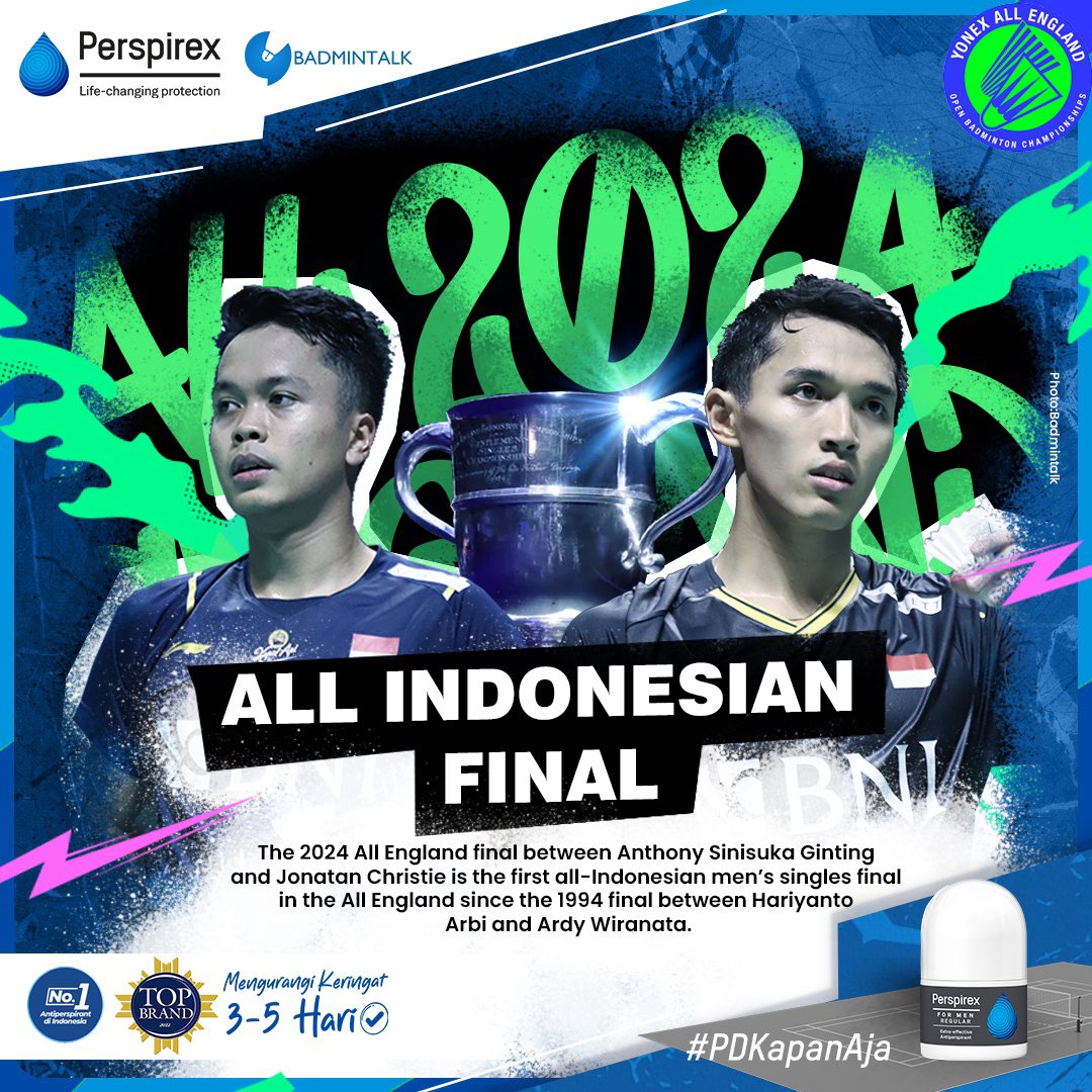 Apakah kalian percaya kalau di hari Senin kemarin ada yang bilang “All Indonesian final di tunggal putra All England: Ginting vs Jojo”?

Percaya tidak percaya: IT REALLY HAPPENS!!

ALL INDONESIAN FINAL IN ALL ENGLAND IN MEN’S SINGLES!!

Would you believe it? 

#Perspirex #YAE24
