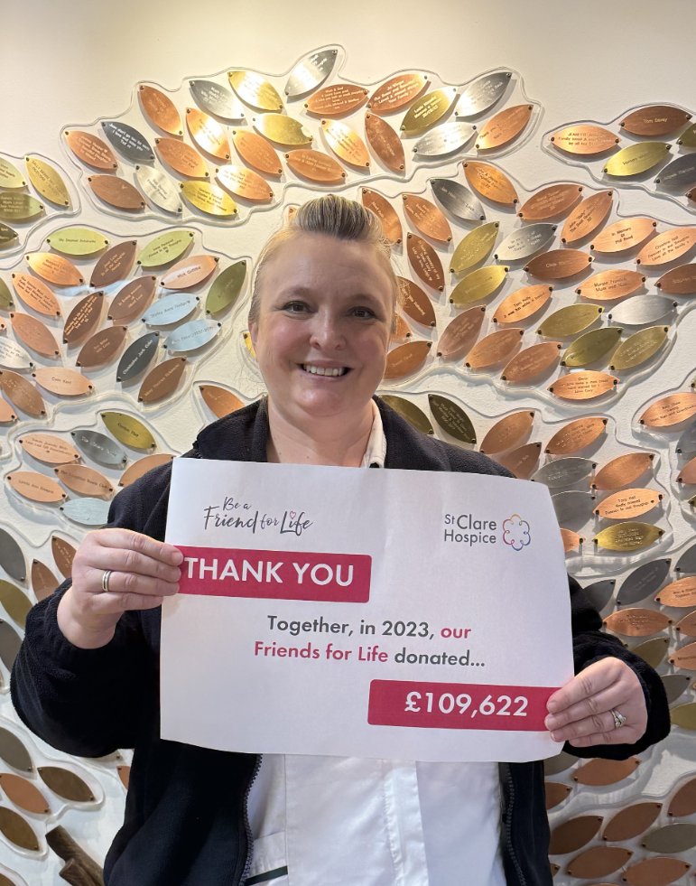 Our Senior Therapist, Alice, is delighted to share that last year, #StClareHospice's #FriendsForLife regular gift scheme raised a formidable £109,622 last year 🩷 For just £4 a month, you WILL make a difference. Become a Friend for Life today: bit.ly/44YP4bh