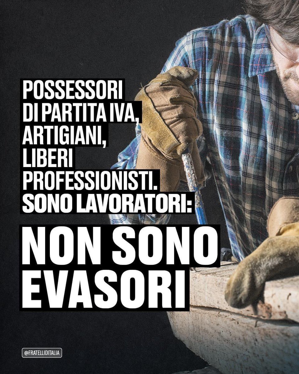 FratellidItalia's tweet photo. 🔵 Noi combattiamo l’evasione fiscale, quella vera non presunta. 

Poniamo fine a quell’insopportabile pregiudizio secondo cui un artigiano o una partita Iva devono essere evasori per nascita. Una intollerabile menzogna ai danni di milioni di italiani. https://t.co/wZVjCgmlyG