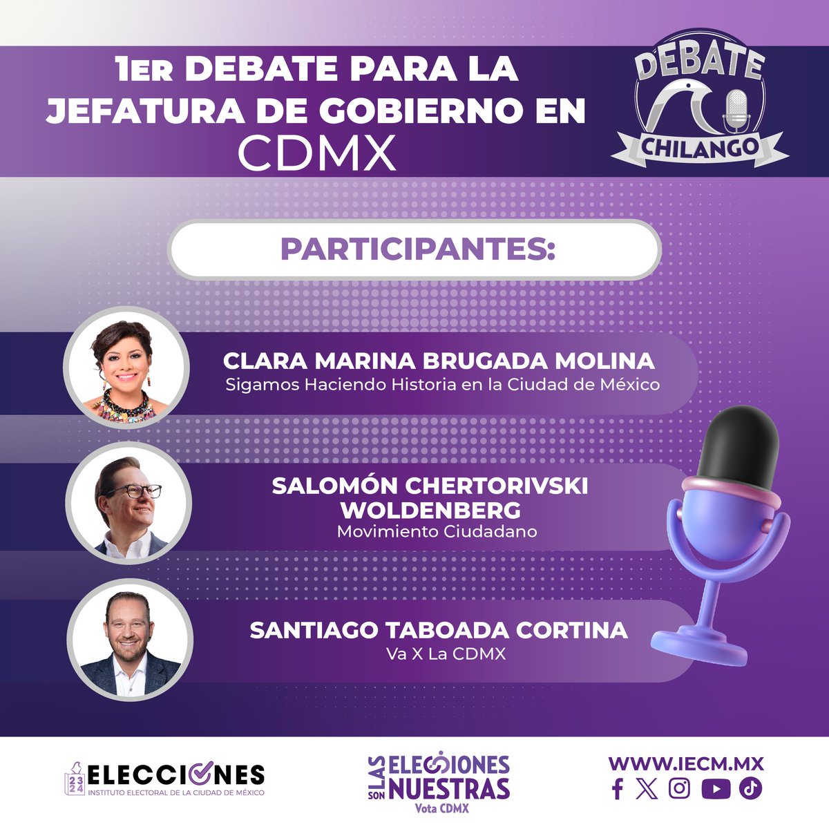 Distrito31IECM's tweet photo. El primer #DebateChilango iniciará a las 📷20:00hrs del Domingo 📷 17 de Marzo y será transmitido a través de las redes sociales del #IECM y de las diversas plataformas de medios de comunicación.
#dd31
#SomosParticipacion https://t.co/U9T7ygWKEa