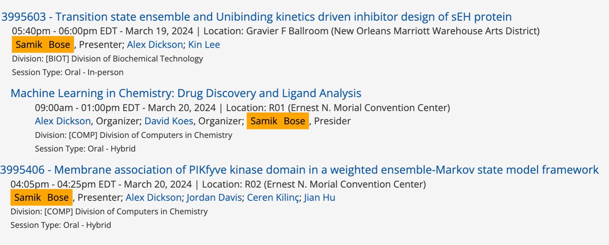 Heading towards New Orleans with a lot of excitement! My first talk to a community outside COMP in the <a href="/ACS_BIOT/">ACS BIOT</a> ‘Emerging Biophysical Technology’ symposium on 19th followed by a WE-MSM talk in <a href="/ACSCOMP/">ACS COMP</a> on 20th. In between I’ll preside a ML in Chem session too!! Please join us!!
