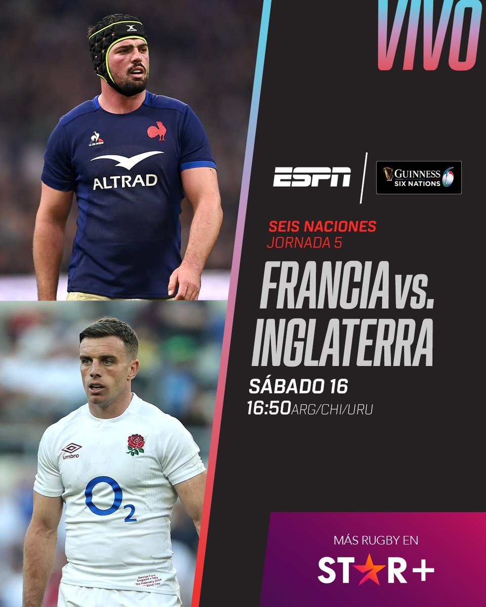#SEISNACIONES | Sábado 16:50 (ARG) con @AlbaneseDiego hacemos #Francia vs #Inglaterra a través de #ESPNenStarPlus! También disponible en ESPN 4. 🏉⭐
