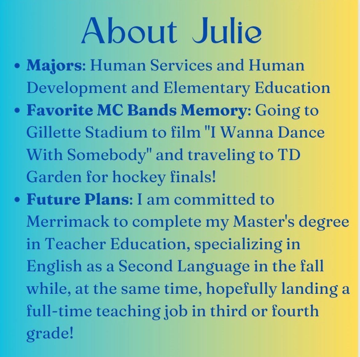 First up on our senior spotlights is Julie! Thank you for your dedication to our bands!