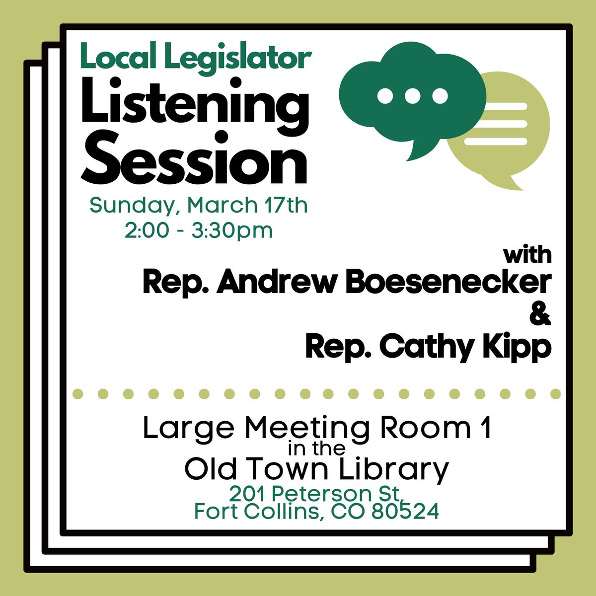 Please join Rep. Cathy Kipp and I for a Local Legislator Listening Session this Sunday at the Old Town Library. We sincerely value hearing from our communities and knowing what matters to you.