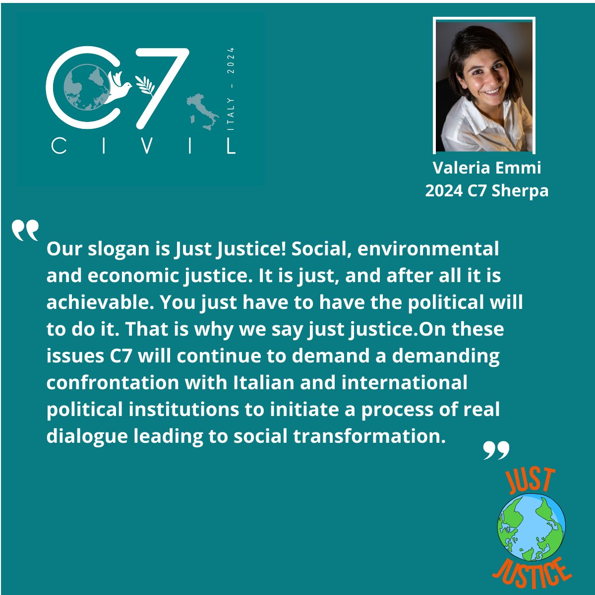 🛑 𝐉𝐔𝐒𝐓 𝐉𝐔𝐒𝐓𝐈𝐂𝐄 👇 We engage with passion for a more human world

#civil72024, #civil7italy, #civil7ita, #G7Italy, #g7ita, #g72024, #JustJustice