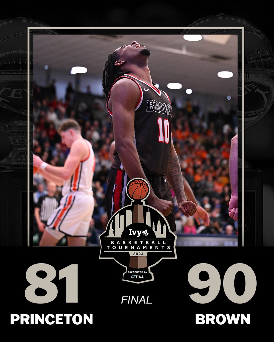 BROWN GETS IT DONE. For the first time in program history, @BrownU_MBB will play for the #IvyMadness championship. The Brown Bears defeat Princeton, 90-81, behind a combined 40 points from Kino Lilly Jr. and Kalu Anya. 🌿🏀 #IvyMadness | @TIAA