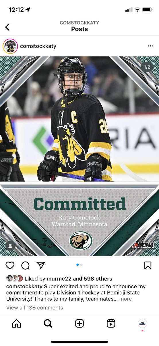 Warroad captain Katy Comstock has committed to Bemidji State.

She had 32 points in 30gp this season as a junior with the Class A state champs. Listed as only 5’0 but she’s definitely a big-time player.