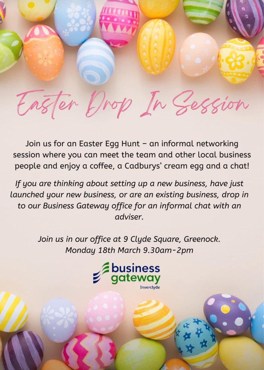 🐣 Join us for our Easter Drop-In Session this Monday! 
 
⏰ 9.30am - 2.30pm
📍9 Clyde Square, Greenock

Just so we know how many Cream Eggs to get, please let us know you will be attending by booking here 👉 lnkd.in/eJHD_a6E