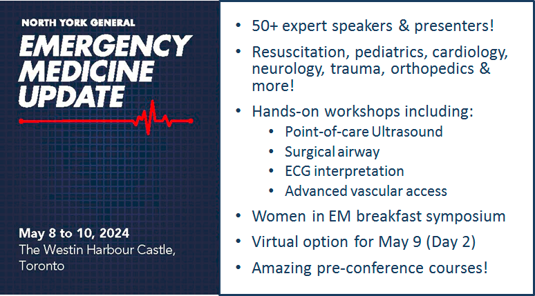 What is NYGH's EM Update? emupdate.ca We are Canada's biggest emergency medicine conference, brought to you by North York General Hospital. May 8-10, 2024 in downtown Toronto, ON Register now for #EMU2024! events.myconferencesuite.com/EMU_2024/reg/l…