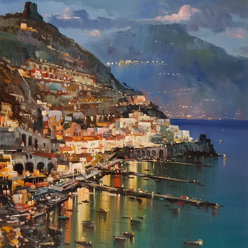 Vincenzo Somma 
Born in 1955 Italian Macchiaioli painter, specialized in coastal views, seascapes and landscapes 
'Positano'