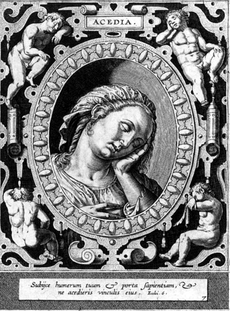 Acedia, according to Damascene, is a certain aggravating sadness, which depresses the soul of a person to such an extent that nothing pleases him (ST 2-2.35.1).