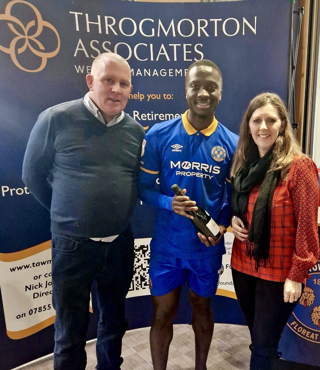 Today’s @NickJonesWealth Planning man of the match is match winner @DanUdz9 , with Richard & Julie Sherratt from match sponsors @SherrattBuilder presenting the champagne Massive 3 points for @shrewsburytown , see you all on Good Friday! #Salop