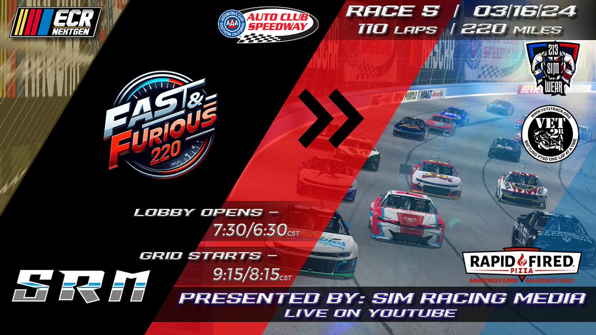 Raceday! Tonight, we head to Sunny California to Auto Club Speedway for Race #5 the Fast and Furious 220.

With tempers flaring last week at <a href="/phoenixraceway/">Phoenix Raceway</a> who will come home with the 🏆

Tune in tonight at 9:15pm et as <a href="/SimRacingMedia1/">Sim Racing Media</a> calls all the action live on <a href="/YouTube/">YouTube</a>