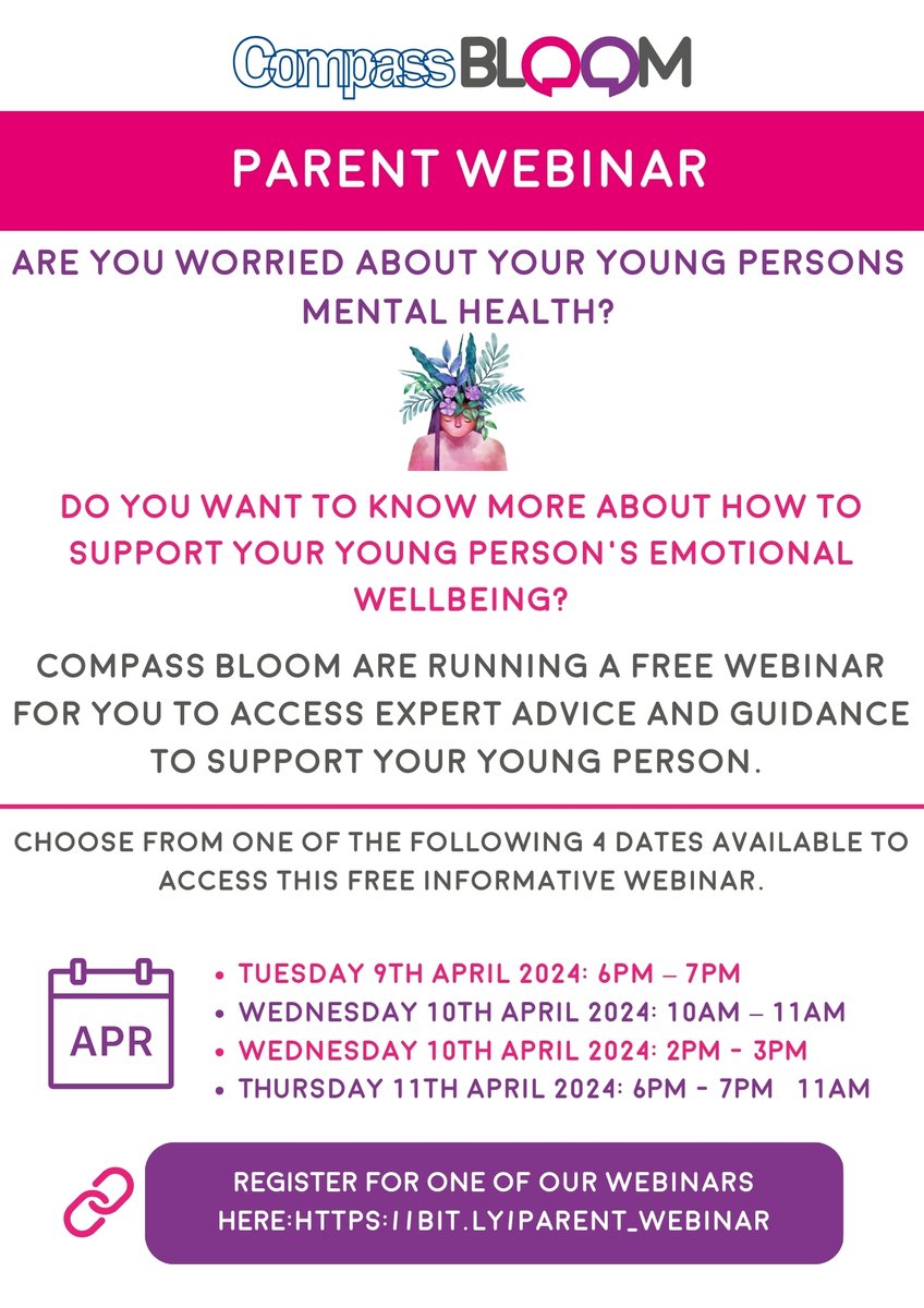 Open to all parents who want to know more about supporting young people’s mental health. Register via this link>> bit.ly/Parent_webinar