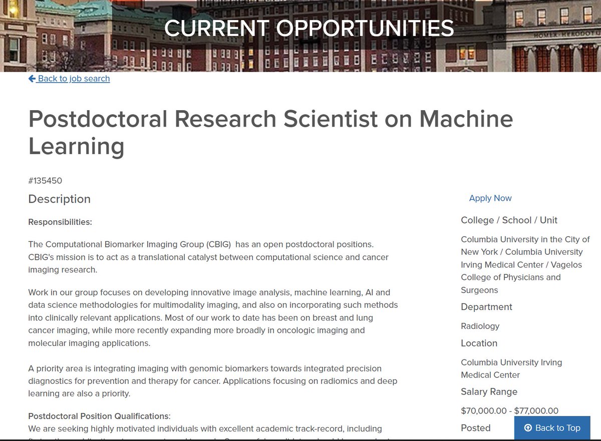 Despina Kontos (@despinakontos) on Twitter photo Interested in cutting-edge #postdoc research on #AI in #medicalimaging and #integrateddiagnostics? Come join our team at <a href="/columbiaimaging/">Columbia Radiology</a>! Would love to work with you🤩 <a href="/DataSciColumbia/">The Data Science Institute at Columbia University</a> <a href="/columbiacancer/">Herbert Irving Comprehensive Cancer Center</a> <a href="/ColumbiaBME/">Columbia BME</a> <a href="/ColumbiaDBMI/">Columbia DBMI</a>
academic.careers.columbia.edu/#!/135450 Interested in cutting-edge #postdoc research on #AI in #medicalimaging and #integrateddiagnostics? Come join our team at <a href="/columbiaimaging/">Columbia Radiology</a>! Would love to work with you🤩 <a href="/DataSciColumbia/">The Data Science Institute at Columbia University</a> <a href="/columbiacancer/">Herbert Irving Comprehensive Cancer Center</a> <a href="/ColumbiaBME/">Columbia BME</a> <a href="/ColumbiaDBMI/">Columbia DBMI</a>
academic.careers.columbia.edu/#!/135450