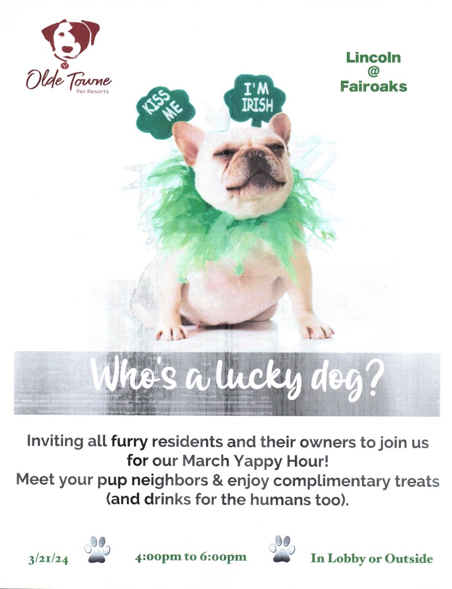 We love our pets! Join us for our Yappy Hour this Thursday (3/21) from 4-6pm. Enter your name to win a 🐶 or 😺 gift basket. See you there! #petappreciationmonth #lincolnatfairoaks