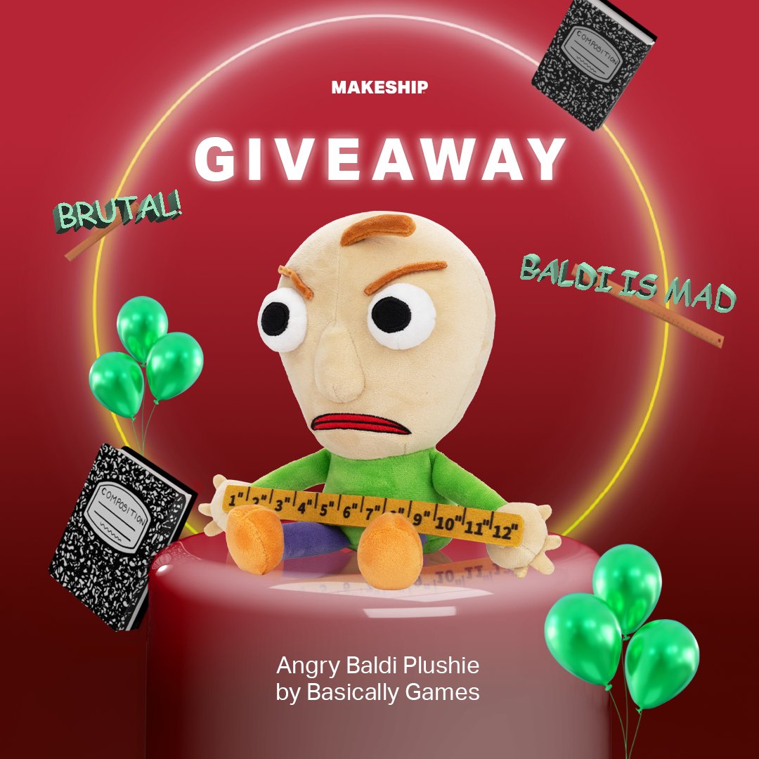 Baldi may be angry, but that won't stop him from offering a special prize: 1 of 2 Angry Baldi plushies! Here's how to enter: Follow @Makeship and @Basically_Games Retweet this post (He hears every post you retweet...) The giveaway ends March 21st at 2pm (EST). Good luck!
