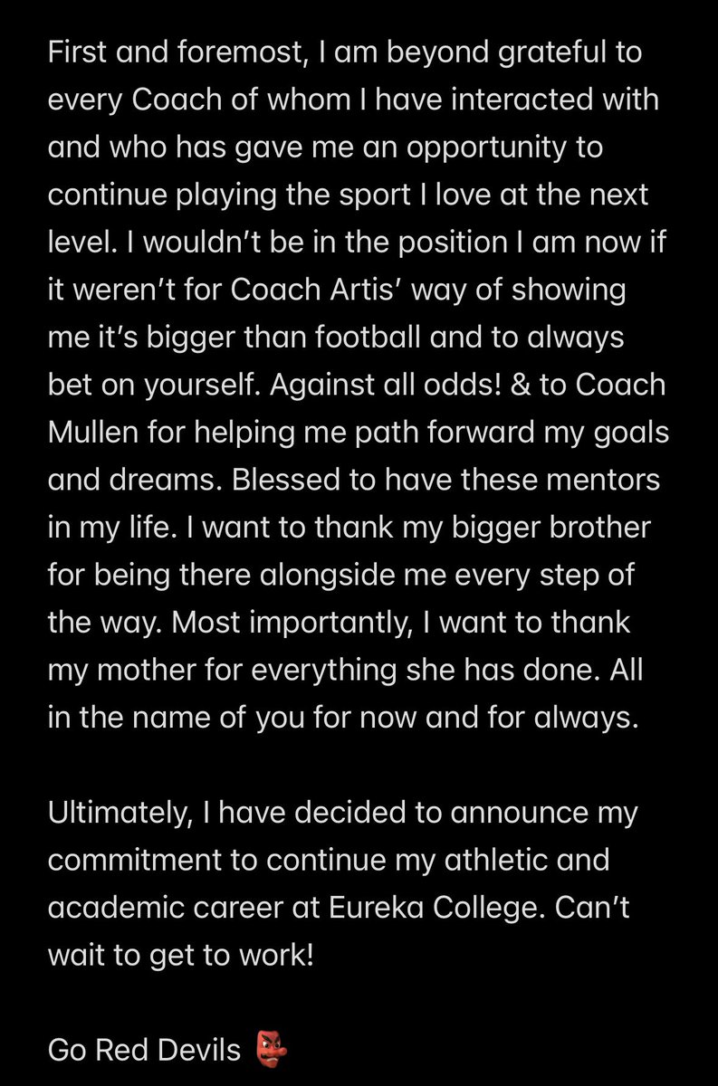 100% Committed! 

Grateful for my supporters &amp; teammates
Onto the next chapter of my career
Against all odds!

<a href="/starks94/">Coach Stizzy</a> <a href="/CoachArtis9/">CoachArtis9</a> <a href="/stephan_mullen/">Stephan Mullen</a> <a href="/CentralBearsFB/">Central Bears FB</a> <a href="/ATPEvansville/">Athlete's True Performance</a> <a href="/ECRDFootball/">Eureka College Football</a> <a href="/PrepRedzoneIN/">Prep Redzone Indiana</a> <a href="/IndyWeOutHere/">IndyWeOutHere ‼️</a> @EvSportsTakes <a href="/IndianaPreps/">Indiana Preps</a>