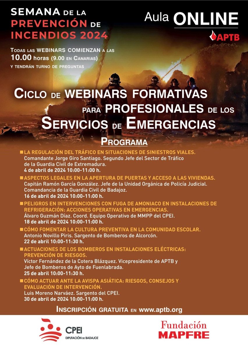 Aprovechamos el cambio de hora para recordarte que el día 4 abrimos un nuevo ciclo de webinars técnicas profesionales, en el marco de la #SPI24, que organizamos el Consorcio de #Bomberos de #Badajoz, <a href="/fmapfre/">Fundación Mapfre</a> y #APTB. Inscripción gratuita en aptb.org
