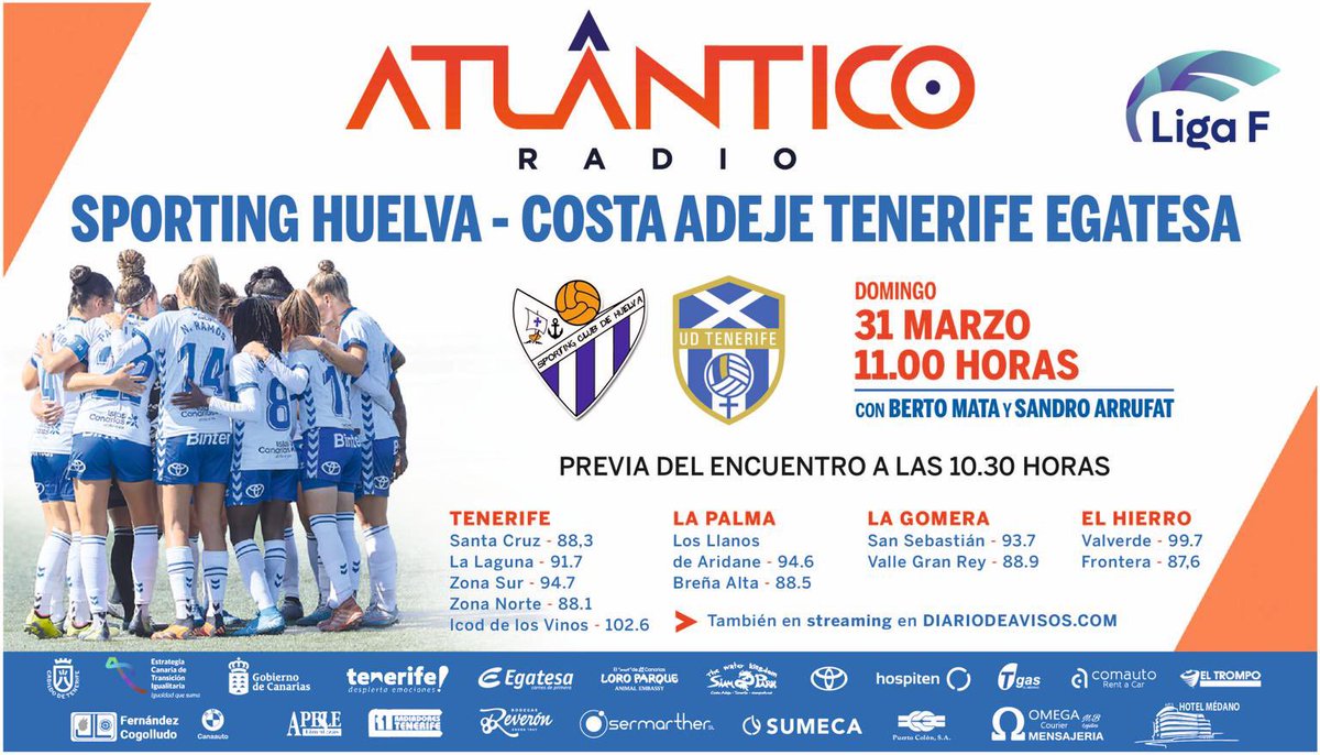 🚨¡𝗠𝗔𝗧𝗖𝗛 𝗗𝗔𝗬!🚨

⚽️ <a href="/sportinghuelva/">Fundación Cajasol Sporting de Huelva</a> - @UDCATenerife 

🏟️ Estadio Antonio Toledo
⏰ 11:00h (10:30 en directo)
🗓️ Jornada 22, <a href="/LigaF_oficial/">Liga F</a> 

🎙️ <a href="/sandroarrufat/">Sandro Arrufat</a>  
🗣️ <a href="/Javidelgado1977/">Javi Delgado</a> 

📻<a href="/atlantico_radio/">Atlántico Radio</a> 
📲 APP y TDT
💻 diariodeavisos.com 
📩 651 37 37 37