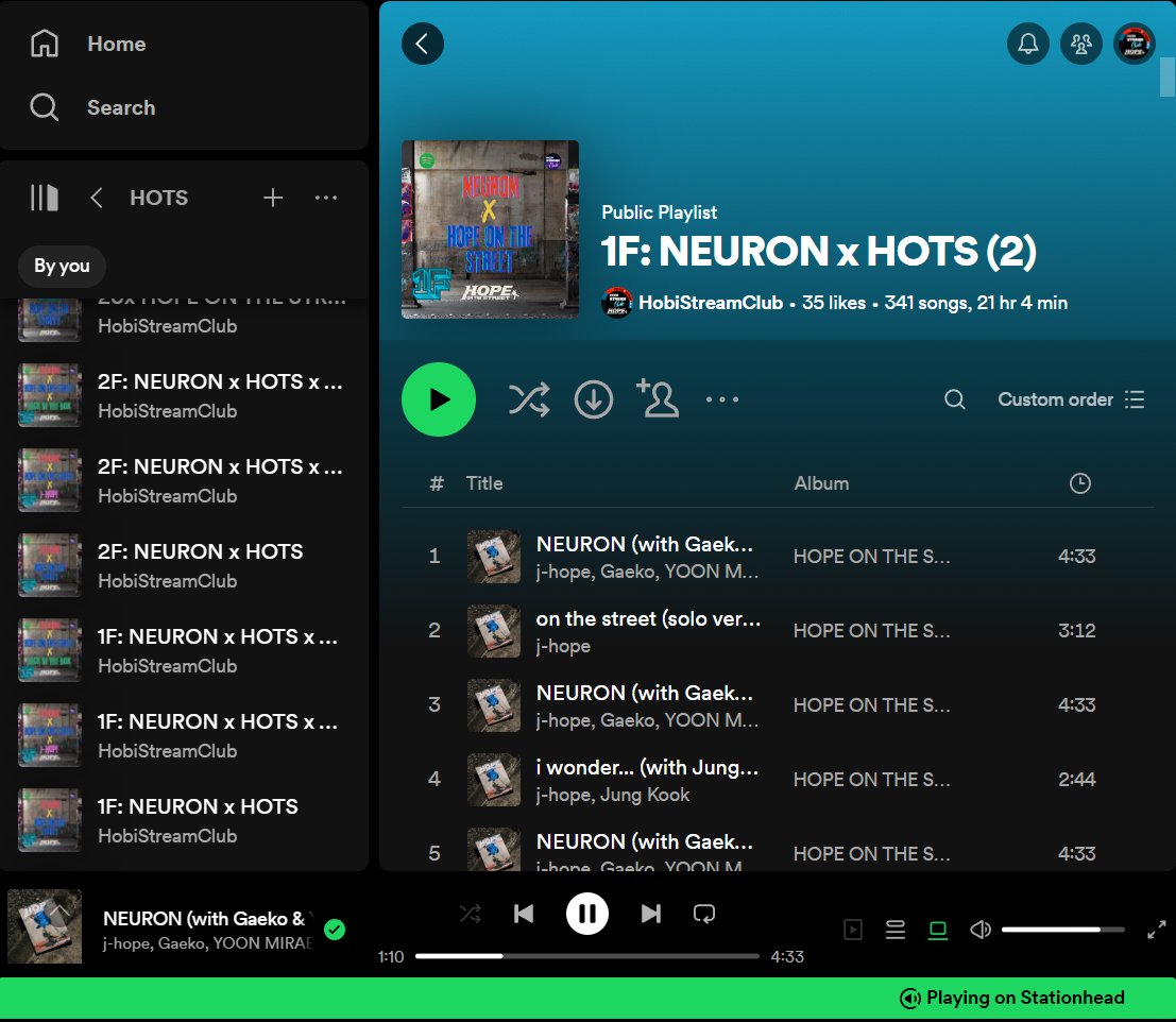🟢 SPOTIFY DYNAMICS

Share your screenshot of streaming each track of HOTS from Spotify/ Stationhead/ Renaissance and use the tags below:

"I'm currently vibing to #jhope_NEURON from #jhope's special album #HOPE_ON_THE_STREET."

GOAL: 🔐 50 replies

#홉온스 #jhope #제이홉
