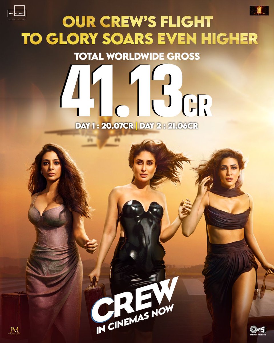 #Crew is carrying Superb word of mouth and that is turning into magic at the BO! On its first Saturday, the film has garnered a whooping number of ₹10.87 Cr. India net and ₹21.06 Cr. worldwide gross! Total worldwide gross amounted to 41.13 Cr.! @EktaaRKapoor @RheaKapoor #Tabu…