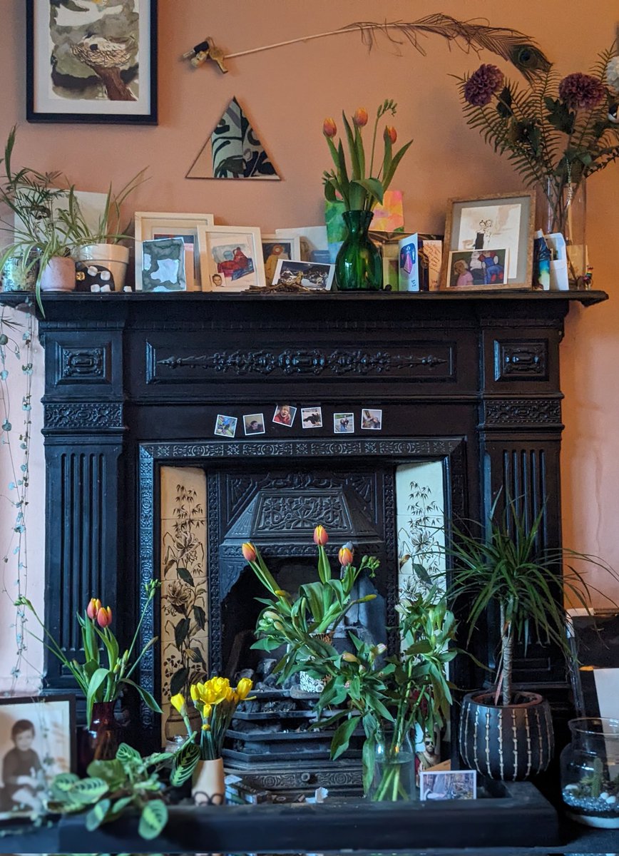 Flame tulips, freesia and an extra pot of gifted daffs in honour of JC.