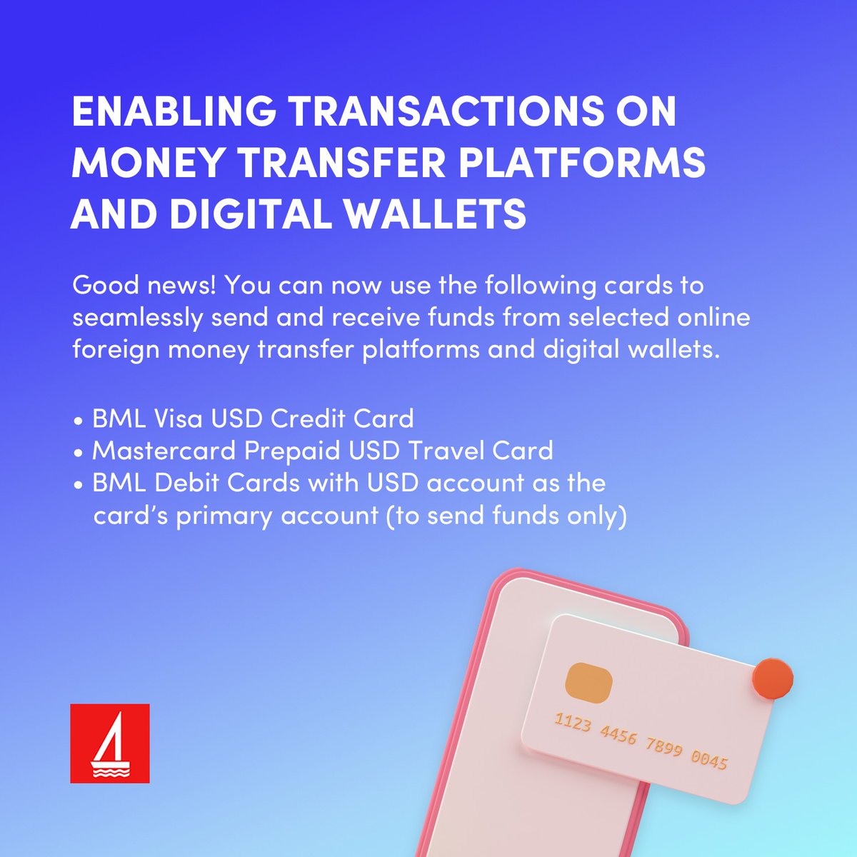 Good news! For a better banking experience, today we have enabled transactions on selected money transfer platforms and digital wallets. View more: link.bml.com.mv/digital-wallet…