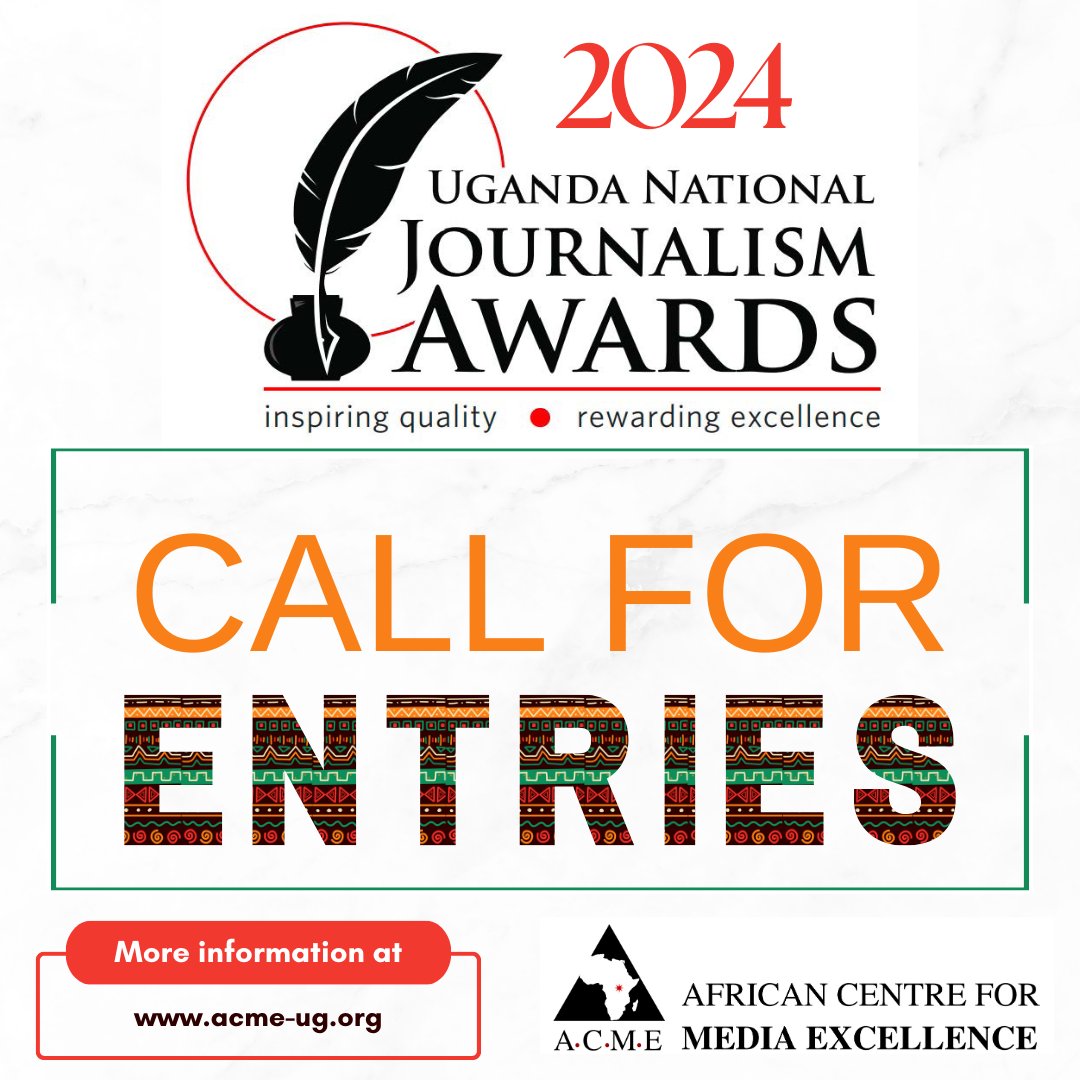 📢📢The African Centre for Media Excellence is accepting entries for the 10th annual Uganda National Journalism Awards. #UNJA2024 🏅 Deadline: April 30th. 🇺🇬journalists and media houses can submit their work here: bit.ly/3xjt6DZ