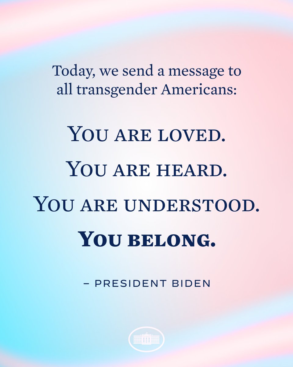 Transgender Americans are part of the fabric of our nation. On Transgender Day of Visibility, our Administration honors the extraordinary courage of transgender Americans and reaffirms our commitment to forming a more perfect union – where all people are treated equally.