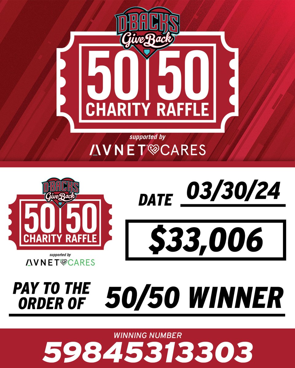 Congratulations to our winner of tonight's #DbacksGiveBack 50/50 Raffle supported by Avnet Cares! Thank you for helping us raise $33,006 for youth sports in Arizona!