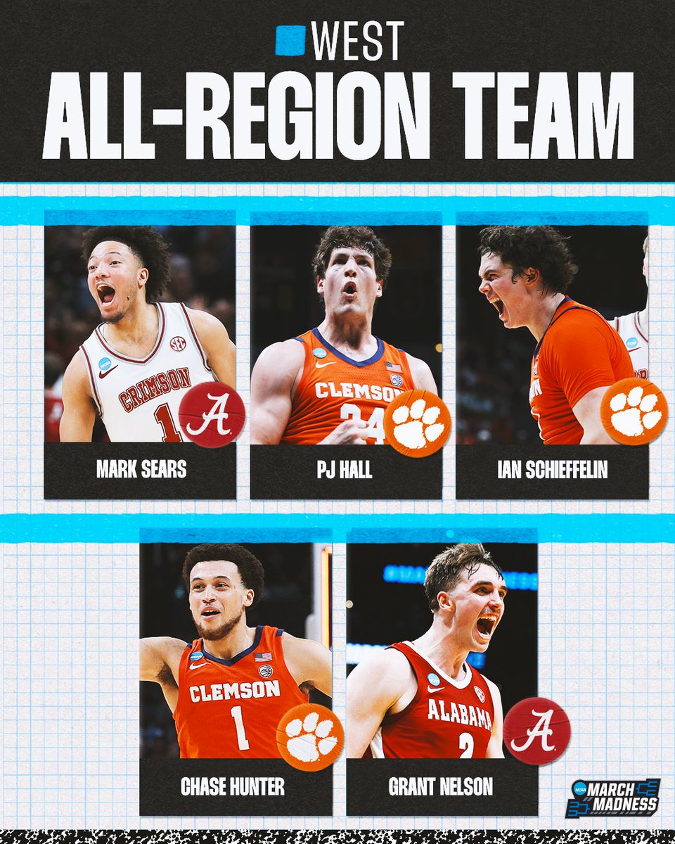 MarchMadnessMBB's tweet image. The West Region All-Tournament Team 👇 #MarchMadness 

🏀 Mark Sears 
🏀 PJ Hall
🏀 Ian Schieffelin
🏀 Chase Hunter
🏀 Grant Nelson