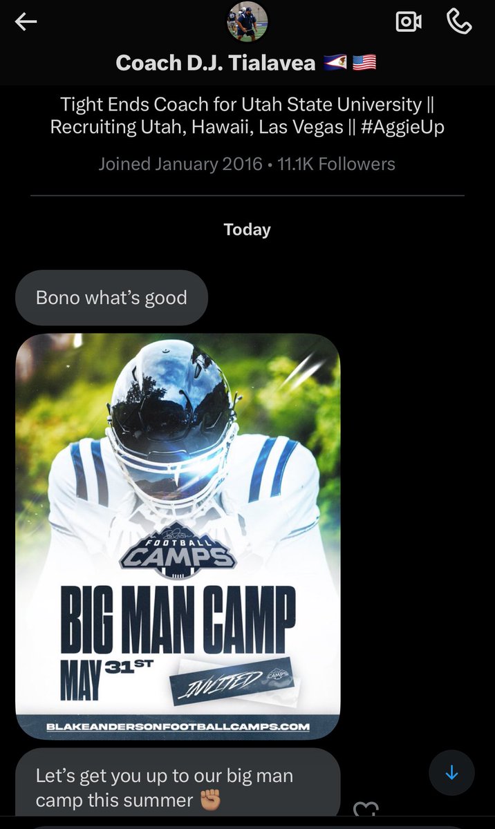 Can’t wait for this camp! I’m signed up ready to go! Thank you for the invite @DjTialavea_86 Can’t wait to show you and @USUFootball what I’m about! 🙏🏾