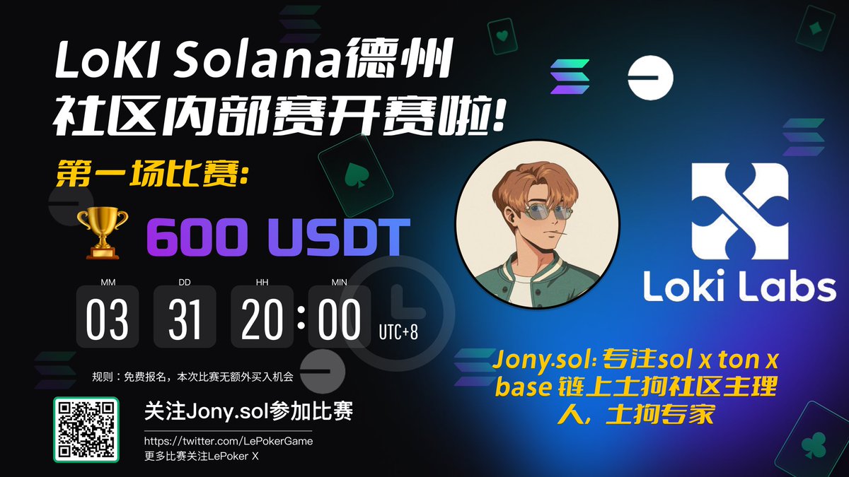🚀LoKI solana社区第一届德州锦标赛开赛啦
第一期比赛：北京时间3月31日 周日 晚上8点
🏆主奖池：600 USDT 
规则：社区成员免费报名 比赛无再次买入机会
本系列赛由LoKI solana社区发起，定向邀请社区内的德扑爱好者共同参加，交流德扑经验，享受游戏乐趣。

奖池：
🥇第一名：350 USDT
🥈第二名：150